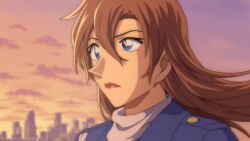  1girl artist_name blue_eyes blue_jacket brown_hair closed_mouth floating_hair gimlet-conan hagiwara_chihaya hair_between_eyes highres jacket meitantei_conan orange_sky outdoors portrait shirt sky solo white_shirt 