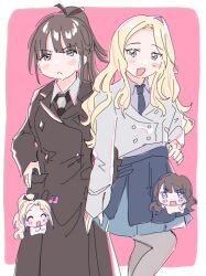  2girls :d alternate_hairstyle amaya_tsubame black_coat black_hair black_necktie black_ribbon blonde_hair blue_eyes blue_necktie blue_skirt blush border buttons chibi closed_mouth coat collared_coat collared_jacket collared_shirt commentary_request gakuen_idolmaster hair_ribbon hairstyle_switch hands_on_own_hips high_ponytail highres idolmaster jacket juo_sena knee_up long_hair long_sleeves mofumofumikan multicolored_hair multiple_girls musical_note necktie open_mouth outside_border pink_background pink_streaks pleated_skirt pocket ponytail ribbon shirt simple_background sketch skirt smile streaked_hair very_long_hair white_border white_jacket yuri 