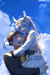 absurdres animal_ears carrying ear_ornament glutton grey_hair grey_tail hat highres horse_girl horse_tail hpppp kitahara_jou multicolored_hair newsboy_cap oguri_cap_(cinderella_gray)_(umamusume) oguri_cap_(starlight_beat)_(umamusume) oguri_cap_(umamusume) old old_man sweater_vest tail two-tone_hair umamusume 