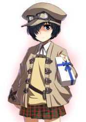  1girl belt_pouch black_eyes black_hair blue_ribbon box brown_hat brown_jumpsuit closed_mouth collared_shirt cowboy_shot crook_mofus gift gift_box goggles goggles_on_headwear grey_ribbon hair_over_one_eye hand_up hat holding holding_gift incoming_gift jacket jumpsuit long_sleeves looking_at_viewer neck_ribbon newsboy_cap official_art one_eye_covered open_clothes open_jacket plaid_clothes plaid_skirt pleated_skirt pouch rance_(series) rance_quest red_skirt ribbon shirt short_hair skirt sleeves_past_wrists solo takebouzu 