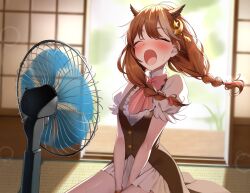  1girl absurdres animal_ears ascot blush braid brown_hair center_frills character_request closed_eyes commentary copyright_request dress electric_fan frills gawawawa hair_ornament highres open_mouth pink_ascot shadow shouji sliding_doors solo star_(symbol) star_hair_ornament sweat tatami twin_braids white_dress 