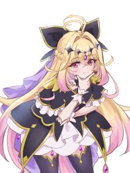  1girl antenna_hair bell_(angelicalary) black_bow black_capelet black_dress black_thighhighs blonde_hair bow brooch capelet commentary_request cowboy_shot cure_arcana_shadow dress frills gradient_hair hair_bow hair_intakes head_rest heart heart_brooch highres jewelry long_hair looking_at_viewer magical_girl meitantei_precure! moria_luluka multicolored_hair partial_commentary precure purple_veil shirt solo thigh-highs veil violet_eyes white_shirt 