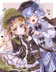  2girls ;d black_bow black_capelet black_hat blonde_hair blue_hair blue_skirt border bow braid braided_hair_rings capelet closed_mouth commentary_request cowboy_shot deerstalker dress green_bonnet green_dress grey_background hair_rings hat heart_hands_failure highres long_hair long_sleeves looking_at_viewer mahou_shoujo_no_majo_saiban multiple_girls one_eye_closed open_mouth short_hair skirt smile tachibana_sherry thumbs_up tono_hanna tosiosito twintails very_long_hair vest white_border yellow_eyes 