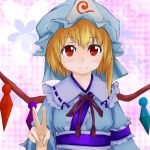  armband artist_request blonde_hair butterfly checkered checkered_background cherry_blossoms cosplay flandre_scarlet hat japanese_clothes kimono light_smile looking_at_viewer obi pink_background red_eyes saigyouji_yuyuko saigyouji_yuyuko_(cosplay) short_hair side_ponytail solo touhou triangular_headpiece v wings yamai_tsuki 