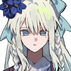  1girl blue_eyes bow braid commentary_request fate/grand_order fate_(series) flower hair_between_eyes hair_bow hair_flower hair_ornament korean_commentary long_hair looking_at_viewer lowres morgan_le_fay_(fate) morgan_le_fay_(fgo_fes._2023)_(fate) ponytail simple_background solo syst098 white_background white_hair 