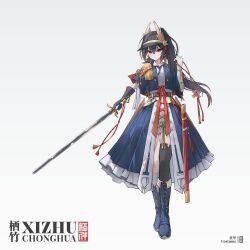  1girl :/ absurdres asymmetrical_gloves asymmetrical_legwear black_gloves black_hair black_thighhighs blue_boots blue_jacket blue_overskirt boots chinese_clothes chinese_commentary colored_tips commentary_request commission epaulettes flower full_body gloves hand_up hat hat_feather hat_flower highres holding holding_sword holding_weapon jacket jian_(weapon) lolita_fashion long_hair mismatched_gloves mismatched_legwear multicolored_hair original ponytail qi_lolita red_hair sheath shirt short_sleeves single_epaulette single_sock single_thighhigh skirt socks solo standing sword taozhi_taozhi thigh-highs unsheathed visor_cap weapon white_background white_flower white_gloves white_shirt white_skirt white_socks 
