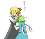  blonde_hair chop daiyousei dress green_hair hair_ribbon hihachi insect_wings multiple_girls ribbon rumia short_hair side_ponytail simple_background touhou translated wings youkai 