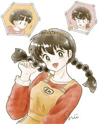  1boy 2girls :d braid brown_hair commentary_request fangs green_eyes hairband hibiki_ryouga highres multiple_girls overalls ranma-chan ranma_1/2 red_hairband shii_rumic short_hair single_braid smile sweatdrop tendou_akane twin_braids upper_body v-shaped_eyebrows yellow_hairband yellow_overalls 
