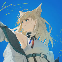  1girl ahoge animal_ears arknights arknights:_endfield bare_shoulders bird_ears bird_girl blonde_hair blue_background blue_eyes blush breasts dress extra_ears highres jacket long_hair looking_to_the_side lupinu5 off_shoulder open_clothes open_jacket perlica_(arknights) simple_background sleeveless sleeveless_dress small_breasts solo upper_body white_dress white_jacket 