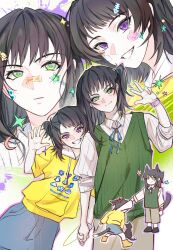  2girls absurdres animal_ears bang_dream! bang_dream!_it's_mygo!!!!! black_hair blue_skirt cat_ears cat_girl cat_tail clenched_teeth dog_ears dog_girl dog_tail green_eyes green_sweater_vest hand_up hero45439083942 highres holding_hands hood hoodie kemonomimi_mode mole mole_under_mouth multiple_girls one_side_up open_mouth original shiina_mirei shirt short_hair siblings sisters skirt sticker sticker_on_face sweater_vest tail teeth watch watch white_shirt yahata_umiri yellow_hoodie 