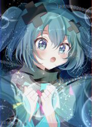  1girl aqua_eyes aqua_hair ariu_prsk batsu_miku blush commentary_request hair_between_eyes hair_ornament hatsune_miku highres kowareta_sekai_to_utaenai_miku long_hair open_mouth project_sekai solo sweater turtleneck turtleneck_sweater twintails upper_body very_long_hair vocaloid wide_sleeves x_hair_ornament 