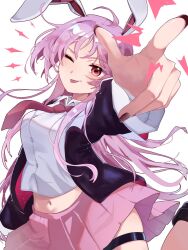  1girl ahoge animal_ears black_jacket black_nails blazer breasts brown_shoes collared_shirt commentary_request cowboy_shot floating_clothes floating_hair hair_between_eyes highres jacket leg_up loafers long_hair long_sleeves looking_at_viewer medium_breasts midriff_peek miniskirt mochip_0 navel necktie one_eye_closed open_clothes pink_hair pink_skirt pleated_skirt rabbit_ears red_eyes red_necktie reisen_udongein_inaba shirt shoes simple_background skirt solo sparkling_eyes thigh_strap tongue tongue_out touhou touhou_gensou_eclipse very_long_hair white_background white_shirt 