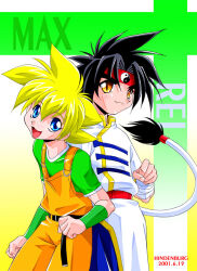  2000s_(style) 2boys :3 arm_warmers artist_name bakuten_shoot_beyblade bandaged_arm bandages behind_another belt beyblade black_belt black_hair blonde_hair blue_eyes blue_pants blush character_name chinese_clothes closed_mouth clothing_request commentary_request cowboy_shot cross_background curtained_hair dated fang fang_out freckles gradient_background green_arm_warmers green_shirt hair_between_eyes headband hindenburg_(hindenburugu) kon_rei long_hair male_focus mandarin_collar mizuhara_max multiple_boys open_mouth orange_overalls overalls pants parted_bangs ponytail print_headband red_headband shirt slit_pupils smile standing white_shirt white_trim yellow_eyes yellow_trim yin_yang yin_yang_print 