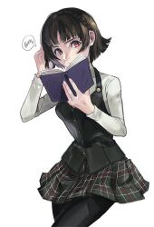  1girl alpaca_carlesi black_hair black_pantyhose black_skirt black_vest book brown_hair checkered_clothes checkered_skirt commission cowboy_shot english_commentary holding holding_book long_sleeves looking_at_viewer niijima_makoto open_book pantyhose persona persona_5 pleated_skirt red_eyes school_uniform short_hair shuujin_academy_school_uniform skirt solo spoken_squiggle squiggle sweater turtleneck turtleneck_sweater vest white_background white_sweater 