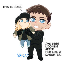  1boy 1girl adoptive_parent_and_adoptive_child beard beard_stubble blonde_hair blue_eyes brown_hair carrying carrying_person chris_redfield english_text facial_hair highres mature_male resident_evil resident_evil_village rosemary_winters stubble yokaniii 