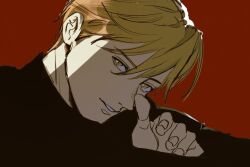  1boy alphonse_elric arched_bangs black_sweater blonde_hair choppy_bangs close-up color_contrast commentary finger_to_face fingernails fullmetal_alchemist hair_between_eyes hand_on_own_face hand_up head_down jeweldraw jitome light_smile looking_at_viewer male_focus parted_lips red_background shaded_face sidelighting simple_background staring sweater swept_bangs thick_eyebrows turtleneck turtleneck_sweater untranslatable_commentary upper_body yellow_eyes 