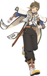  1boy artist_request belt belt_bag black_pants blue_shirt book boots brown_belt brown_hair coat earrings feather_earrings feathers fingerless_gloves full_body game_cg gloves green_eyes highres holding holding_book jewelry looking_at_viewer official_art open_mouth orange_feathers pants running sheath sheathed shirt short_hair smile solo sorey_(tales) standing standing_on_one_leg sword tales_of_(series) tales_of_asteria tales_of_zestiria third-party_source transparent_background weapon white_boots white_coat white_gloves 