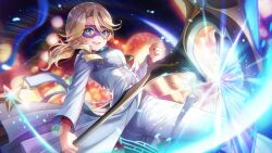  1girl :d blonde_hair blue_eyes blurry blurry_background breasts carole_reaper carole_reaper_(have_no_fear!_i'm_a_hero!) clenched_hand cowboy_shot dutch_angle eye_mask eyelashes fighting_stance floating_hair glowing glowing_weapon hair_between_eyes hand_up heaven_burns_red highres holding holding_scythe large_breasts lens_flare long_sleeves looking_at_viewer low_ponytail mask medium_hair night official_alternate_costume official_alternate_hairstyle official_art open_mouth outdoors pants ponytail scythe smile smug solo standing suit teeth third-party_source upper_teeth_only v-shaped_eyebrows wavy_hair weapon white_pants white_suit 