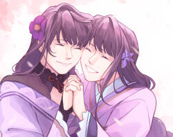  2girls blunt_bangs bridal_gauntlets cherry_blossoms closed_eyes english_commentary flower genshin_impact hair_flower hair_ornament happy heads_together highres holding_hands leaning_to_the_side long_sleeves luna_(lunaawednesday) makoto_(genshin_impact) mole mole_under_eye multiple_girls parted_lips purple_flower raiden_shogun shade siblings sisters smile teeth twins upper_body wide_sleeves 