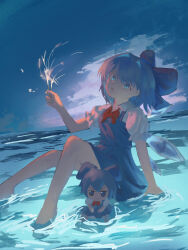  1girl absurdres blue_bow blue_dress blue_eyes blue_hair blue_theme bow bowtie cirno commentary_request dress fireworks frilled_sleeves frills full_body fumo_(doll) hair_bow hand_up head_back highres hyosei_cryselia ice ice_wings knees_up looking_at_viewer on_water parted_lips puffy_short_sleeves puffy_sleeves red_bow red_bowtie shirt short_hair short_sleeves sleeveless sleeveless_dress solo sparkler touhou white_shirt wings 