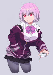  1girl absurdres black_skirt bow bowtie breasts collared_shirt commentary drink_carton drinking_straw grey_background grey_pantyhose gridman_universe highres holding holding_juice_box jacket juice_box large_breasts looking_at_viewer medium_hair off_shoulder pantyhose pleated_skirt purple_bow purple_bowtie purple_hair purple_jacket red_eyes school_uniform shinjou_akane shirt skirt sleeves_past_wrists smile solo ssss.gridman takatisakana white_shirt 