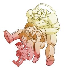  4boys ^_^ age_difference age_progression alphonse_elric analogous_colors armor artist_name ben-day_dots buttoned_cuffs buttons closed_eyes closed_mouth collarbone commentary completely_nude dress_pants dress_shirt dress_shoes english_commentary formal_clothes from_above full_armor fullmetal_alchemist gauntlets hair_behind_ear hair_over_one_eye hair_over_shoulder halftone hands_on_another's_shoulders hands_on_another's_waist happy highres indian_style light_smile litera1lywhat3ver long_hair long_sleeves looking_at_another looking_down male_focus messy_hair multiple_boys multiple_persona narrow_waist necktie nude on_floor orange_theme pants parted_lips red_theme screentones shirt shoes short_sleeves shorts shoulder_spikes simple_background sitting size_difference skinny spiked_armor spiked_helmet spikes sternum straight_hair swept_bangs time_paradox v_arms vest waistcoat warm_colored white_background yellow_theme 