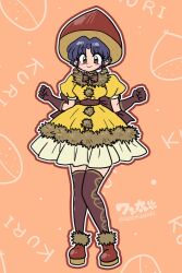  1girl :> blue_hair blush_stickers brown_eyes brown_gloves brown_hat brown_shoes brown_thighhighs chestnut commentary dress full_body gloves hat orange_background ranma_1/2 shoes short_hair solo tendou_akane thigh-highs wanta_(futoshi) yellow_dress 