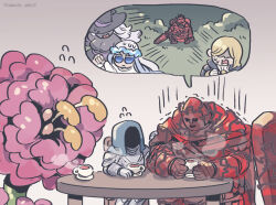  1boy 1other 4girls armor bare_shoulders bell_bearing_hunter_(elden_ring) black_dress black_knife_assassin black_skin blonde_hair blue_eyes breasts chair chibi chibi_only cloak colored_skin comforting commentary cup dark-skinned_female dark_skin dress duchess_(elden_ring) elden_ring elden_ring_nightreign eye_mask fleeing flower flower_wreath flying_sweatdrops full_armor gauntlets half_eye_mask hand_on_another's_shoulder hat_over_eyes head_wreath holding holding_cup hood hooded_cloak large_breasts large_hat long_hair looking_at_another looking_down mask multiple_girls omochi_anko3 on_chair recluse_(elden_ring) revenant_(elden_ring) shield sitting sweatdrop sword tea thorns twitter_username untranslatable_commentary weapon white_dress white_hair witch 