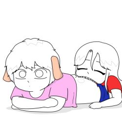  animal_ears biting biting_ass blue_shorts closed_eyes closed_mouth clothes_pull crossed_arms dog_ears jia_han kkamziru long_hair lying non-web_source on_stomach pants pants_pull pink_shirt red_shirt shirt short_hair shorts song_hyun_min spicy_couple webtoon 