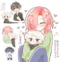  3boys :3 anger_vein antenna_hair black_cloak blue_pants cloak grey_eyes grey_hair hair_down hair_over_one_eye heart highres holding holding_mini_person hood hood_down hooded_cloak hug hug_from_behind hyoutenka_30-do_no_zetsubou kobayashi_luca kuchinashi_dabi mini_person miniboy mole mole_under_eye multiple_boys multiple_views nekomiya_168 one_eye_covered oshi_no_taisetsuna_hito_ni_narikawaru pants red_hair simple_background sitting tonimura_yui translation_request white_background 