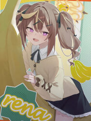  1girl :d banana black_bow black_ribbon black_skirt blonde_hair blue_archive blush bow brown_hair brown_halo cardigan collared_shirt food frilled_skirt frills fruit hair_between_eyes hair_ornament hair_ribbon hairclip halo lizard0221 long_hair long_sleeves looking_at_viewer multicolored_hair open_mouth rena_(blue_archive) ribbon shirt skirt smile solo streaked_hair thigh-highs twintails violet_eyes white_shirt x_hair_ornament yellow_cardigan yellow_halo 