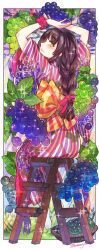  1girl black_hair braid commentary_request floral_print floral_print_kimono food food_focus fruit grapes highres holding holding_food japanese_clothes kimono long_hair looking_back momiji_mao original plant print_kimono profile purple_kimono sidelocks signature sitting solo tabi yellow_eyes 