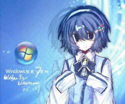  1girl 2000s_(style) blue_eyes blue_gem blue_hair blue_hairband blue_theme blue_vest breasts buttons chinese_commentary closed_mouth clover clover_hair_ornament collared_shirt commentary_request dot_nose four-leaf_clover frutiger_aero gem green_eyes green_gem hair_ornament hairband long_sleeves madobe_nanami microsoft_windows multicolored_gem os-tan partial_commentary qijiu_911 red_gem shirt short_hair sleeves_past_fingers sleeves_past_wrists small_breasts smile solo vest white_shirt windows_7 yellow_gem 