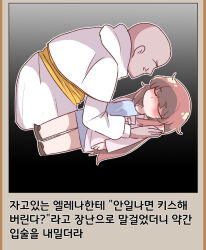  1boy 1girl bald blue_dress blush bokete brown_hair capelet closed_eyes commentary_request dated_commentary deformed dress elena_(trickcal) grey_jacket hand_on_another's_shoulder hetero jacket korean_commentary korean_text leader_(trickcal) omo_(saindoc) translation_request trickcal tunic waiting_for_kiss white_capelet white_tunic 