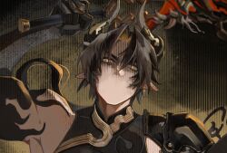  1boy annoyed arknights arm_tattoo arm_up black_hair black_hands black_shirt chinese_commentary chongyue_(arknights) colored_extremities commentary_request dragon_horns earrings eastern_dragon_horns flame_tattoo gulu3138 head_back holding holding_sword holding_weapon horns jewelry low_ponytail no_mouth parted_bangs pointy_ears ponytail portrait shirt short_hair shuo's_husk_(arknights) single_bare_shoulder single_shoulder_pad solo straight-on sword tattoo weapon yellow_eyes 