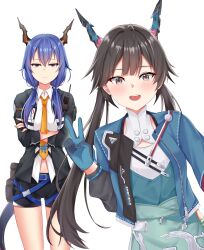  2girls :d absurdres arknights arknights:_endfield belt belt_buckle black_eyes black_gloves black_hair black_jacket black_shorts blue_belt blue_gloves blue_jacket blush buckle ch'en_(arknights) chen_qianyu_(arknights) closed_mouth clothes_writing collared_shirt commentary crossed_arms english_commentary gloves hair_between_eyes hair_over_shoulder highres horns jacket long_hair looking_at_viewer mistraia multiple_girls name_connection necktie open_clothes open_jacket open_mouth pink_eyes purple_hair shirt short_shorts shorts simple_background smile standing tail unamused v walkie-talkie white_background white_shirt yellow_necktie zipper zipper_pull_tab 
