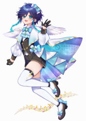  1boy absurdres aqua_bow aqua_bowtie aqua_capelet aqua_eyes aqua_hair black_gloves black_hair black_shoes black_shorts black_vest blush bow bowtie capelet commentary gem genshin_impact gloves gradient_hair green_gem hair_bow highres jewelry long_sleeves male_focus momochiwood multicolored_hair open_mouth shirt shoes shorts solo thigh-highs untranslatable_commentary venti_(genshin_impact) vest white_background white_capelet white_shirt white_thighhighs white_wings wings 