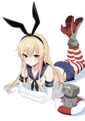  1girl black_hairband black_neckerchief black_panties blonde_hair blue_sailor_collar blue_skirt commentary_request elbow_gloves fathom feet_up gloves hair_between_eyes hairband highleg highleg_panties highres kantai_collection lifebuoy long_hair lying miniskirt neckerchief on_stomach panties pleated_skirt rensouhou-chan rudder_footwear sailor_collar shimakaze_(kancolle) skirt striped_clothes striped_thighhighs swim_ring the_pose thigh-highs underwear very_long_hair white_gloves yellow_eyes 