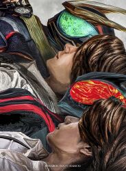  1boy brown_hair green_eyes highres kamen_rider kamen_rider_zeztz kamen_rider_zeztz_(series) kamen_rider_zeztz_catastrom male_focus multiple_views obakelope0530 red_eyes shirt short_hair tokusatsu white_shirt yorozu_baku 