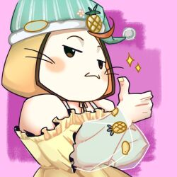  1boy :3 ahoge april_fools aqua_hat aqua_sleeves bare_shoulders bra_strap brown_eyes closed_mouth commentary cowboy_shot crossdressing crossdressing_(mtf) detached_hood english_commentary food food-themed_hat_ornament frilled_shirt frills fruit hand_on_own_hip hat hat_ornament hood hood_up layered_sleeves long_sleeves looking_at_viewer male_focus momo_(nikki) mr_abubu nail_polish neck_ribbon nightcap nikki_(series) off-shoulder_shirt off_shoulder personification pineapple pineapple_print pink_background pom_pom_(clothes) print_sleeves puffy_long_sleeves puffy_sleeves ribbon shining_nikki shirt short_over_long_sleeves short_sleeves smile solo sparkle striped_clothes striped_headwear thumbs_up vertical-striped_clothes vertical-striped_headwear whiskers yellow_hood yellow_nails yellow_ribbon yellow_shirt 