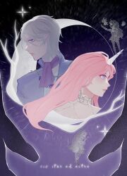  1boy 1girl ad_lunam_(shining_nikki) ascot blue_jacket choker closed_mouth collared_jacket commentary cropped_torso dress dress_shirt elf english_commentary expressionless eyeshadow fake_horns godfall_omens_(shining_nikki) grey_eyes hair_between_eyes highres horns jacket jewelry latin_text lipstick long_hair long_hair_between_eyes looking_ahead lorderia25 makeup mercury_(shining_nikki) necklace nikki_(nikki) nikki_(series) notice_lines off-shoulder_dress off_shoulder open_clothes open_jacket pink_hair pink_lips pointy_ears pointy_nose purple_ascot purple_eyeshadow shining_nikki shirt short_hair silver_choker smile space sparkle translation_request unicorn_horn violet_eyes white_dress white_hair white_horns white_shirt 