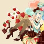  aqua_eyes aqua_hair balloon cake food food_as_clothes food_themed_clothes fruit garter_straps hatsune_miku heart high_heels open_mouth sana-m shoes simple_background sitting strap_slip strawberry thigh-highs thighhighs vocaloid 