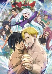  6+boys 6+girls :d akira_mishima ao_isami arms_up artist_name black_hair black_shirt bodysuit braid bravern brown_eyes character_request clenched_hand commentary_request everyone green_eyes hibiki_rio hibiki_ryou highres holding_hands honoka_suzunagi lewis_smith lipstick lulu_(bang_bravern) m2_exceed_rhinos makeup mecha mecha_pilot_suit miyu_katou multiple_boys multiple_girls okamoto_setsura one_eye_closed pointing revision robot sekiha_love-love_tenkyoken sherry_lauren shirt short_hair smile superbia_(bravern) tank_top thumbs_up topless_male type_24_rekka yuuki_bakuhatsu_bang_bravern 