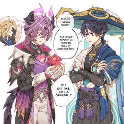  3boys ^^^ albedo_(genshin_impact) animal_print armor belt berry bird_print birthmark black_belt black_bodysuit black_bow black_coat black_gloves black_horns black_shorts black_tail blonde_hair blue_gem blue_hat blue_kimono blue_shirt blue_sleeves blunt_ends bodysuit bow braid bridal_gauntlets bright_pupils chest_jewel closed_mouth coat crossed_arms crossed_bangs diamond-shaped_pupils diamond_(shape) dragon_boy dragon_horns dragon_wings durin_(genshin_impact) english_text eyeliner facepalm facial_mark feathers fingernails food forehead_mark fruit furisode gem genshin_impact glint gloves glowing_gem gold gold_cape grey_bridal_gauntlets hair_between_eyes half_up_braid hand_on_own_arm hand_on_own_face hands_up hat heart-shaped_gem highres holding holding_food holding_fruit horns japanese_armor japanese_clothes jingasa juban kimono kote kurokote layered_sleeves low_wings lower_teeth_only makeup mandarin_collar multicolored_horns multiple_boys nervous_sweating open_clothes open_coat open_kimono open_mouth orange_eyes pants pink_gem pom_pom_(clothes) pun purple_hair purple_horns purple_rope purple_sash purple_vest purple_wings rchella red_eyeliner rope sash scaramouche_(genshin_impact) shirt short_sleeves shorts shoulder_peek side_cape speech_bubble spoken_character sweat symbol-shaped_pupils teeth twitter_username two-tone_horns vest violet_eyes vision_(genshin_impact) wanderer_(genshin_impact) white_background white_gloves white_kimono white_pants white_pupils white_sleeves white_trim wings wispy_bangs yellow_feathers 