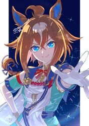  absurdres animal_ears blue_eyes blush bow braid breasts brown_hair cape closed_mouth epiphaneia_(umamusume) gloves hair_between_eyes hair_tuft hand_on_own_hip highres horse_ears horse_girl ketsuge long_hair multicolored_hair outstretched_arm reaching reaching_towards_viewer red_bow shirt smile streaked_hair umamusume white_cape white_gloves 