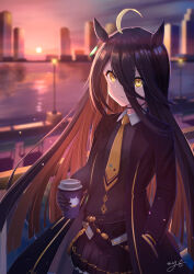  1girl ahoge animal_ears black_choker black_coat black_gloves black_hair black_shirt black_skirt choker closed_mouth coat collared_shirt commentary_request cup disposable_coffee_cup disposable_cup ear_tag earrings gloves hair_between_eyes hand_in_pocket highres holding holding_cup horse_ears horse_girl horse_tail jewelry lamppost long_bangs long_hair long_hair_between_eyes long_sleeves looking_at_viewer manhattan_cafe_(creeping_shadow)_(umamusume) manhattan_cafe_(umamusume) may9 multicolored_hair necktie outdoors shirt single_earring skirt sky solo sunset tail umamusume water white_hair yellow_eyes yellow_necktie 