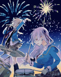  2girls aerial_fireworks brown_hair commentary_request drum drum_set fireworks from_side grey_hair hair_ornament hairpin heaven_burns_red highres holding holding_microphone instrument izumi_yuki_(heaven_burns_red) kayamori_ruka long_hair microphone multiple_girls music necktie playing_drums playing_instrument school_uniform short_hair uyuki_(ouun) 
