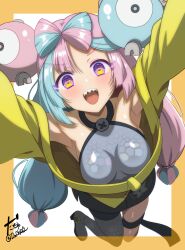  1girl artist_name blue_hair blush bow-shaped_hair breasts character_hair_ornament commentary_request criss-cross_halter dachax2 fake_hair_bun grey_pantyhose hair_ornament halter_shirt halterneck hexagon_print highres iono_(pokemon) jacket long_hair magnemite medium_breasts multicolored_hair open_mouth oversized_clothes pantyhose pantyhose_under_shorts pink_hair pokemon pokemon_sv sharp_teeth shorts single_leg_pantyhose sleeves_past_fingers sleeves_past_wrists smile solo split-color_hair teeth twitter_username x_(symbol) yellow_jacket 