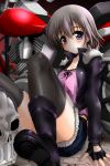  accel_world ash_roller black_legwear blush boots fingerless_gloves gloves grey_hair highres kusakabe_rin looking_at_viewer motor_vehicle motorcycle purple_eyes sakurajousui_neko shorts sitting solo spiked_shoulders thigh-highs thighhighs vehicle violet_eyes 