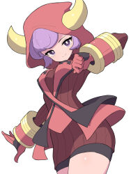  1girl breasts clenched_hand closed_mouth commentary courtney_(pokemon) cowboy_shot dress fake_horns gloves hiyoshipow hood hood_up horned_hood horns medium_breasts pokemon pokemon_oras purple_hair red_dress red_gloves red_hood red_sweater ribbed_dress ribbed_sweater short_hair smile solo sweater sweater_dress turtleneck turtleneck_dress turtleneck_sweater violet_eyes white_background 